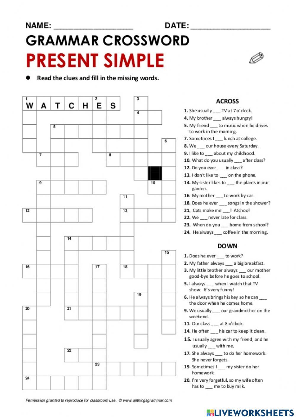 Simple Present Tense Crossword Puzzle NOR FATIHAH