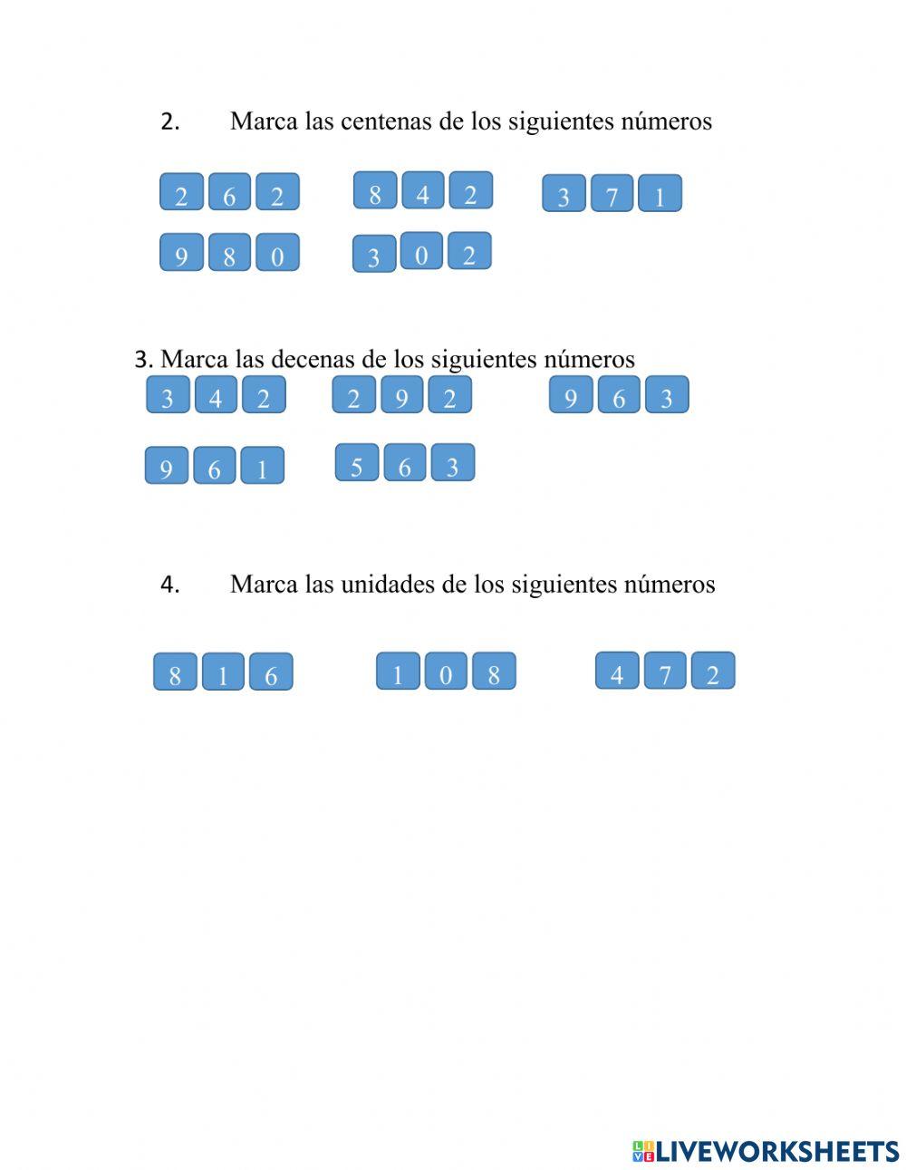 Unidades, decenas y centenas, escritura de números en letras