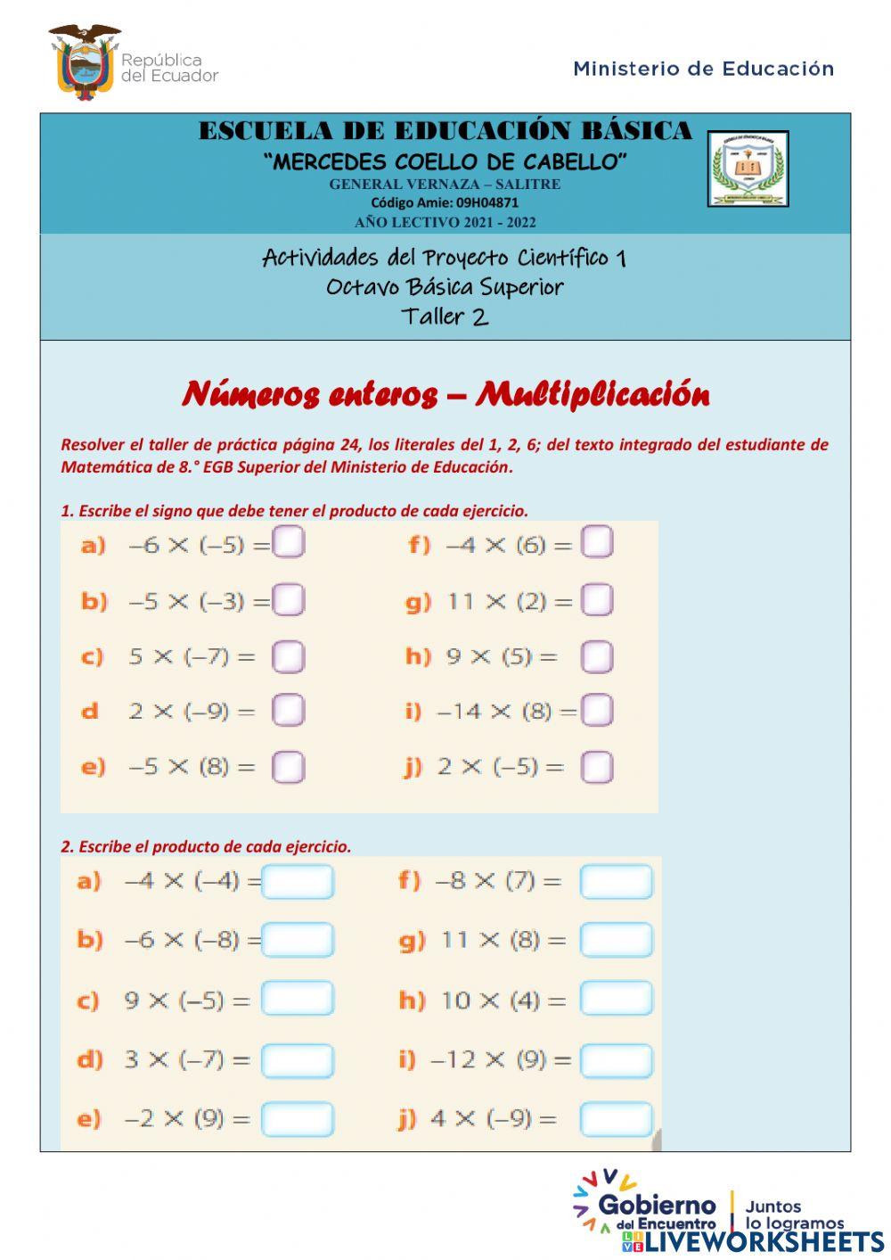 Números enteros – Multiplicación