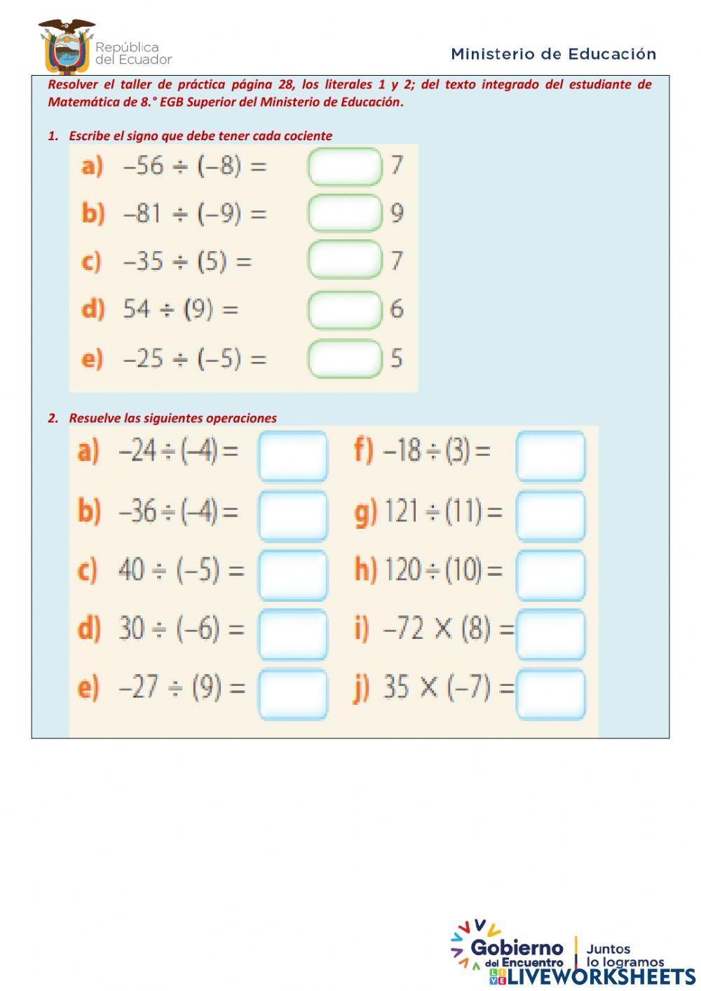 Números enteros – Multiplicación