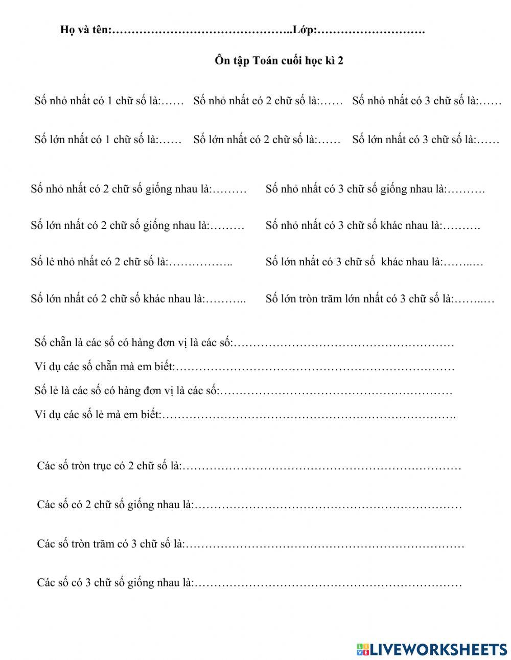 Bài tập ôn số 1 các số lớp 2