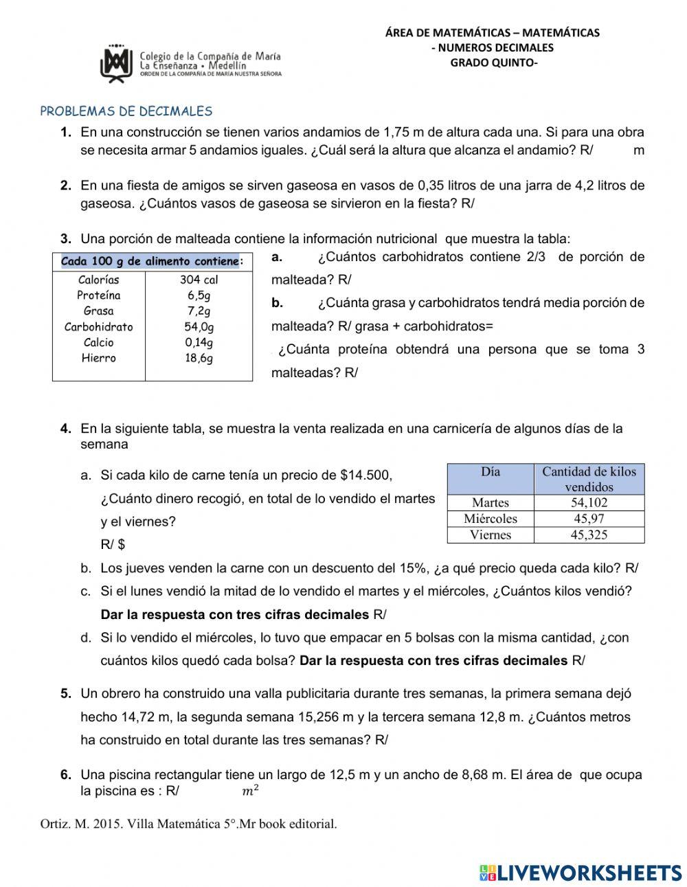 Problemas números decimales