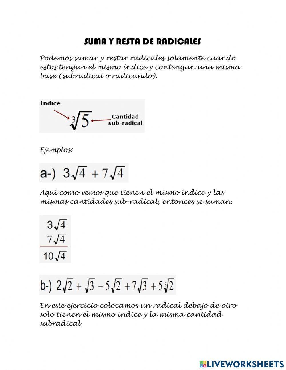 Suma y resta de radicales