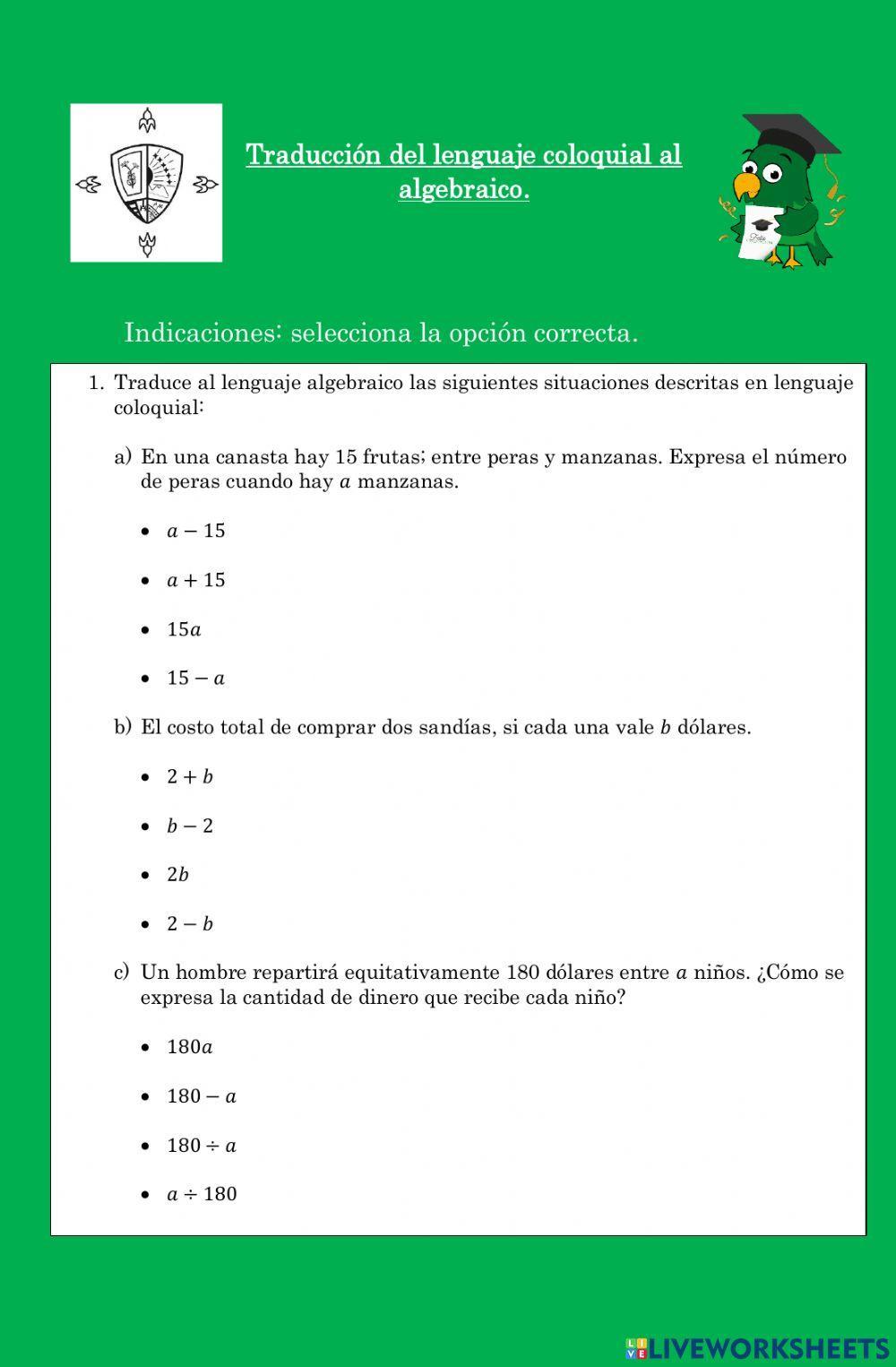 Traducción del lenguaje coloquial al algebraico