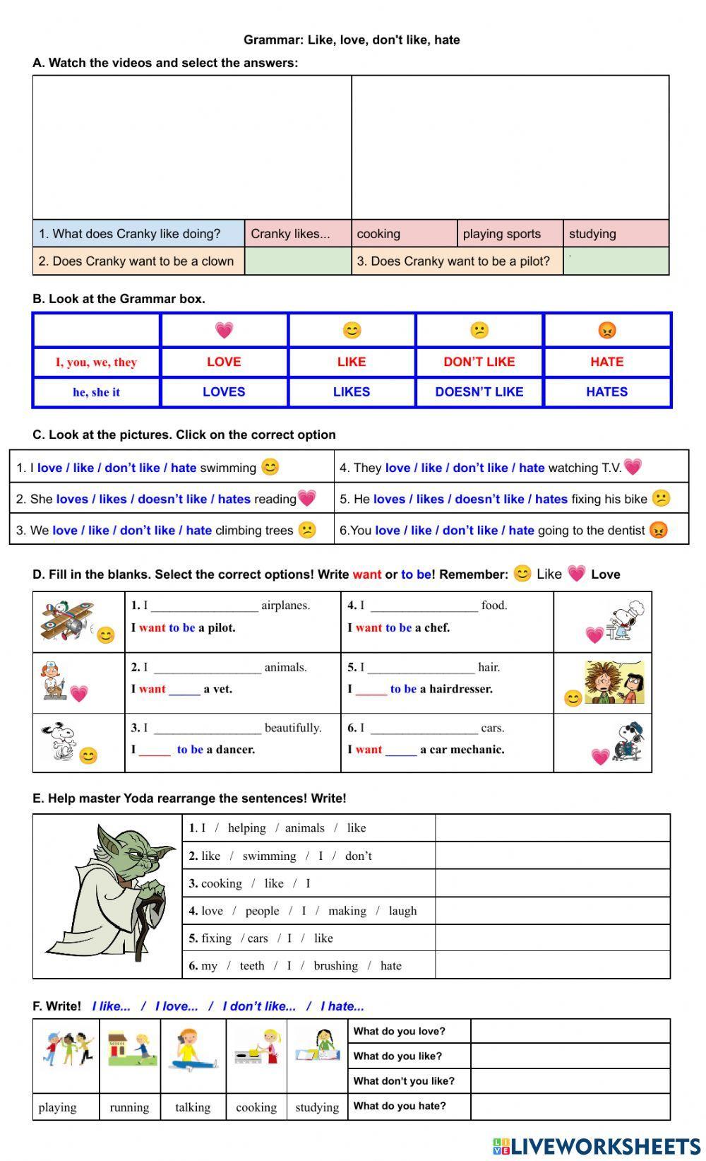 Grammar: Love, like, don't like, hate