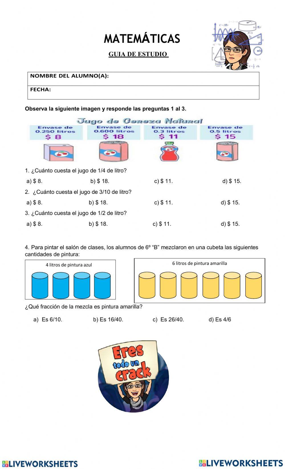 Guía de estudio matemáticas 6°