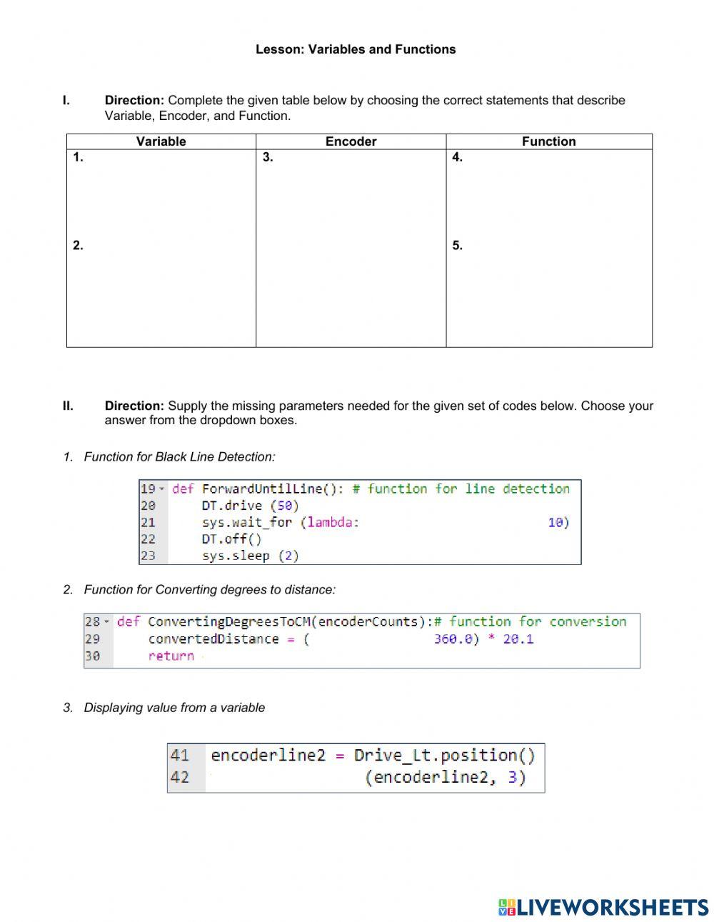 Lesson 4: Variables and Function worksheet | Live Worksheets