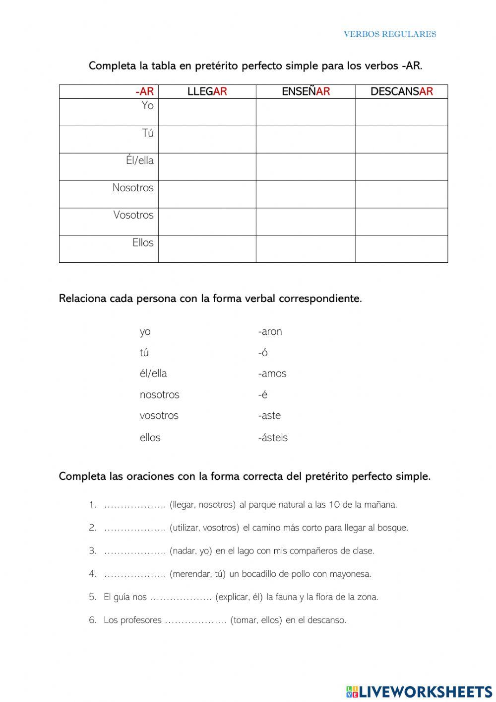 Pretérito perfecto simple, verbos regulares