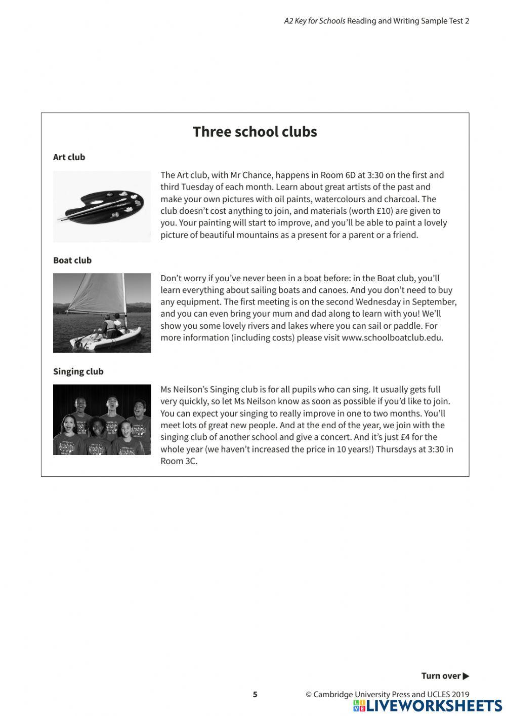 A2 Key Sample Test 2. Reading and Writing Parts 1, 2, 3, 4, 5.