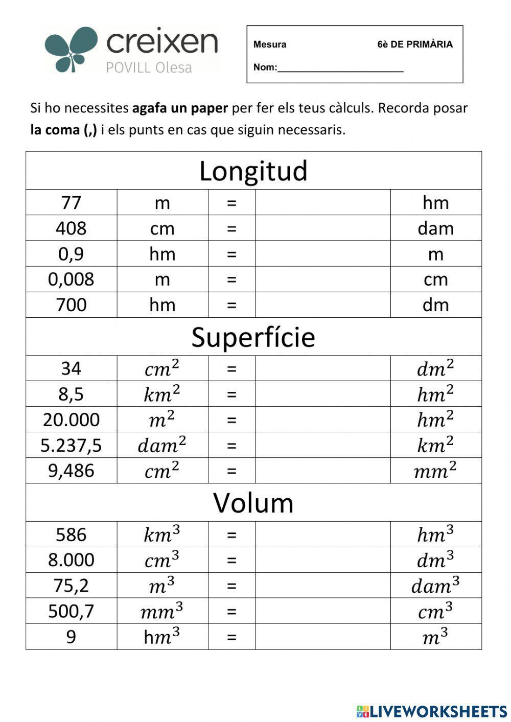 Canvi unitats longitud, superfície i volum