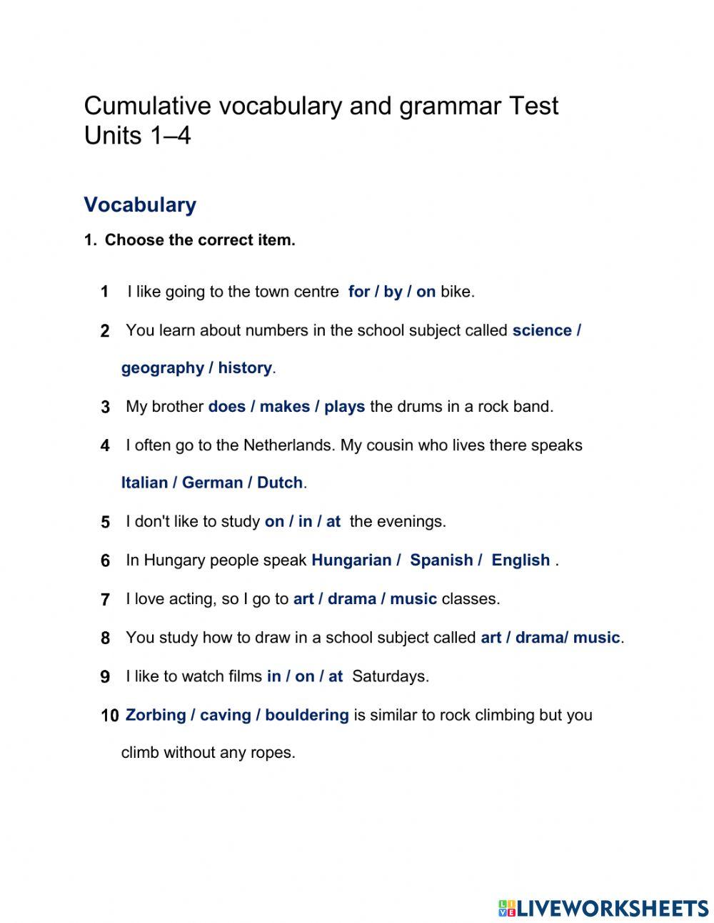 Comulative vocabulary and grammar test