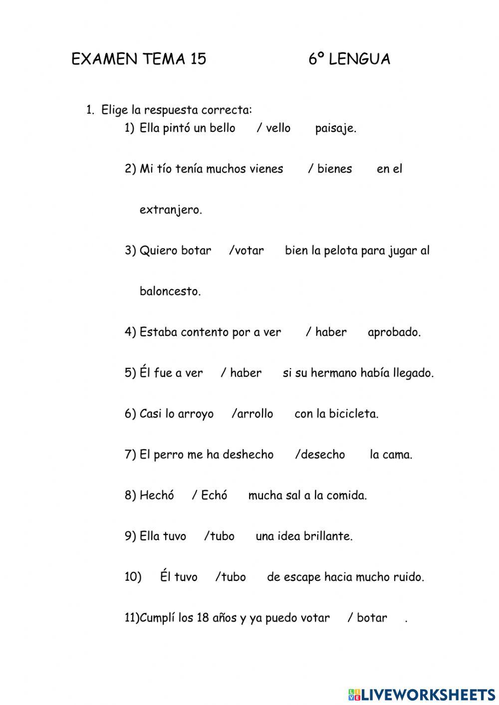 Examen lengua 6º primaria.TEMA 15 