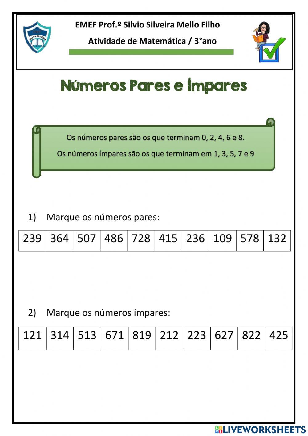 Atividade de matemática 3º ano números