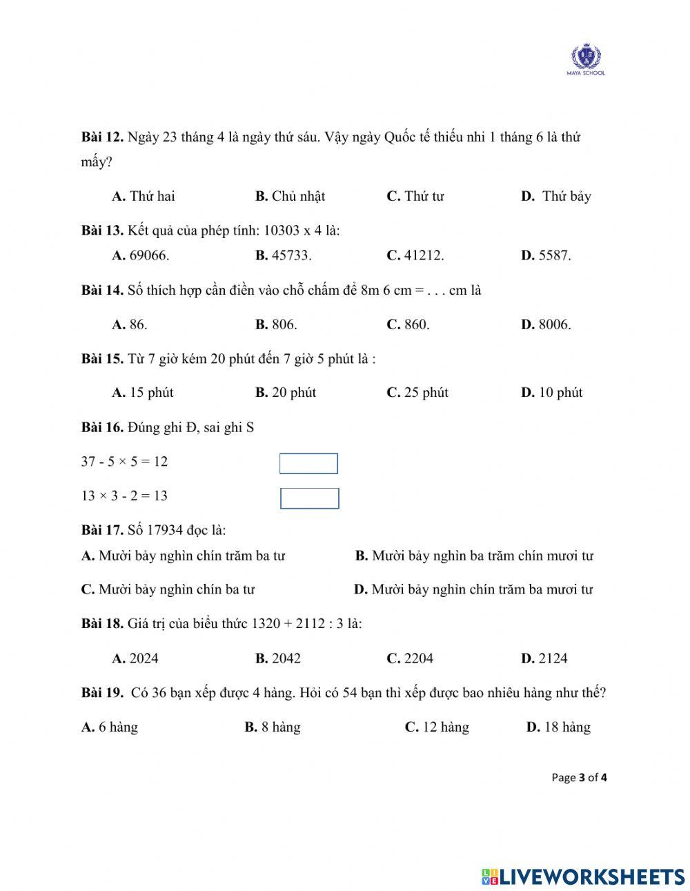 Toán 3 - 07.06.2021 - 11.06.2021 - Ôn tập cuối năm