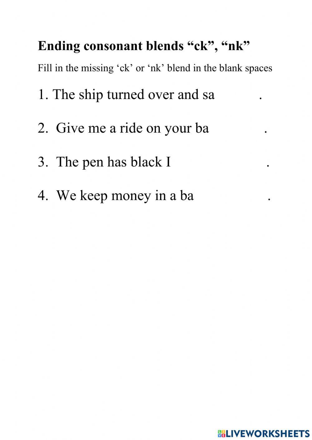 Ending blends ck , nk