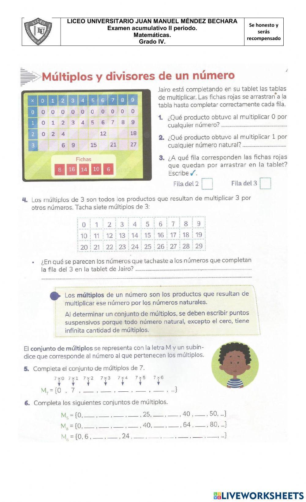 Examen matemáticas 2p grado 4