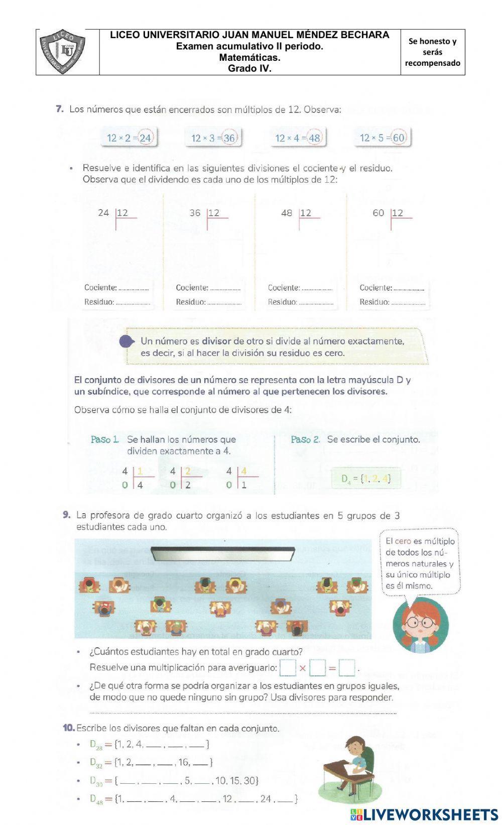 Examen matemáticas 2p grado 4