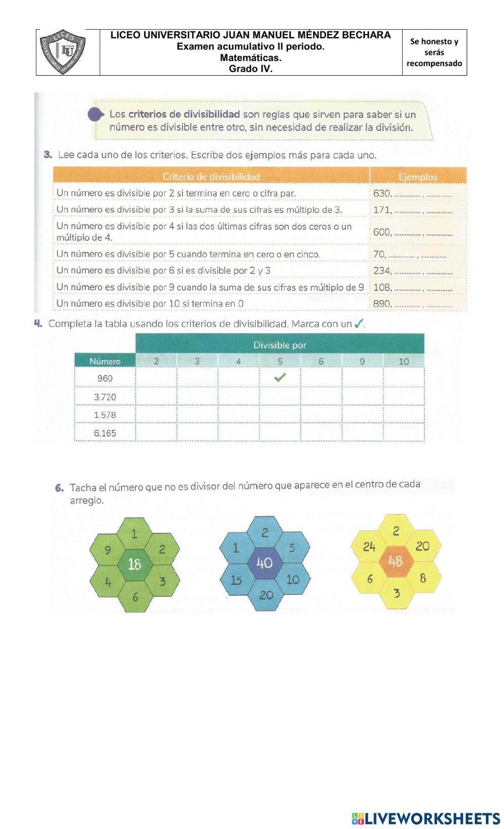 Examen matemáticas 2p grado 4