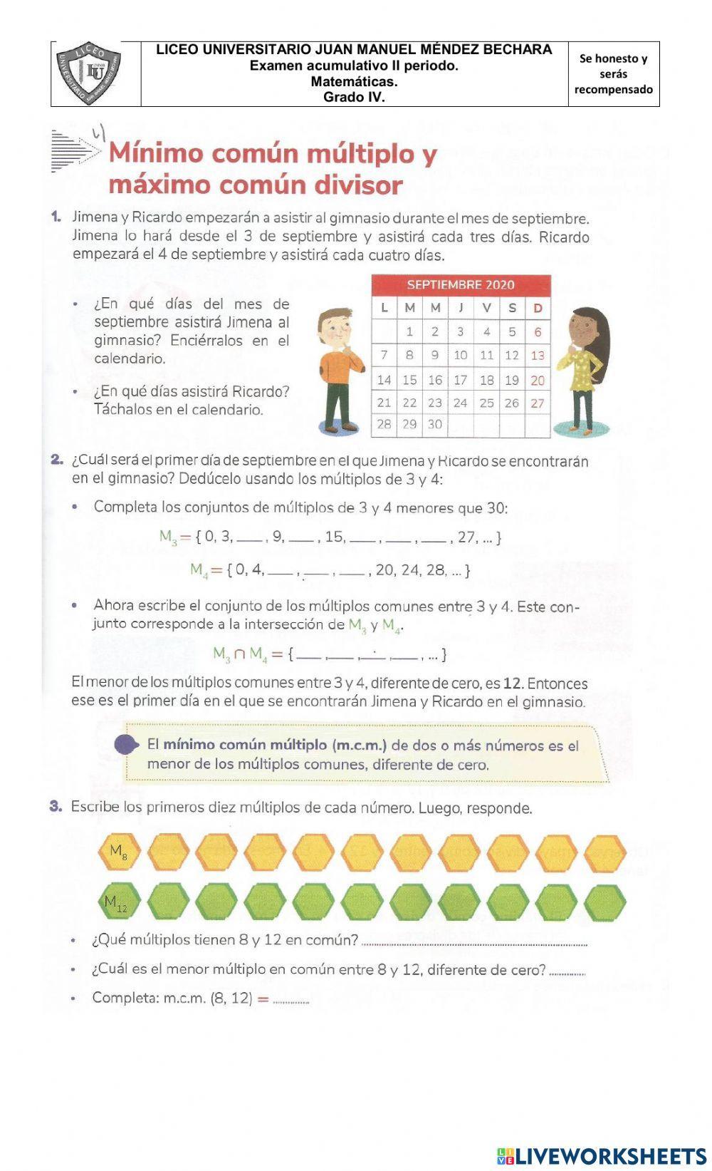 Examen matemáticas 2p grado 4