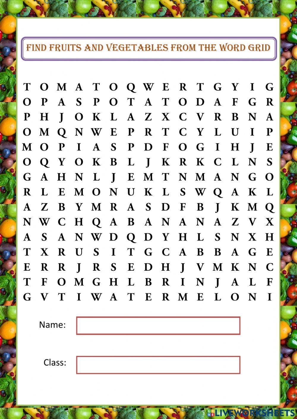 Find fruits and vegetables from the word grid