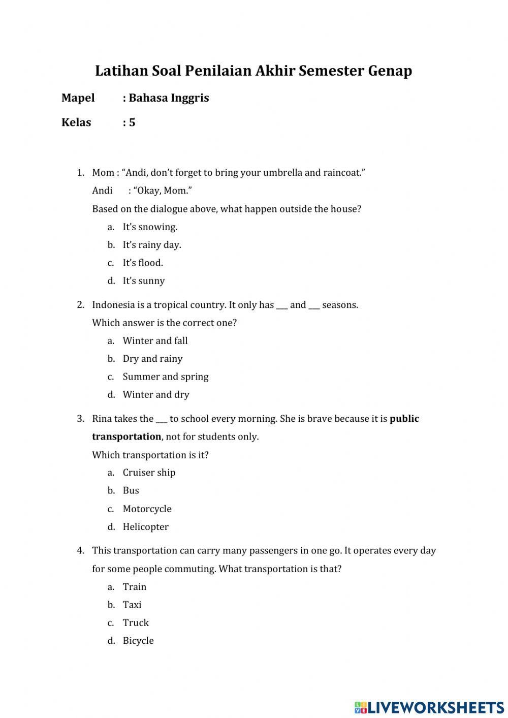 Latihan PAS Bahasa Inggris K5 Semester Genap