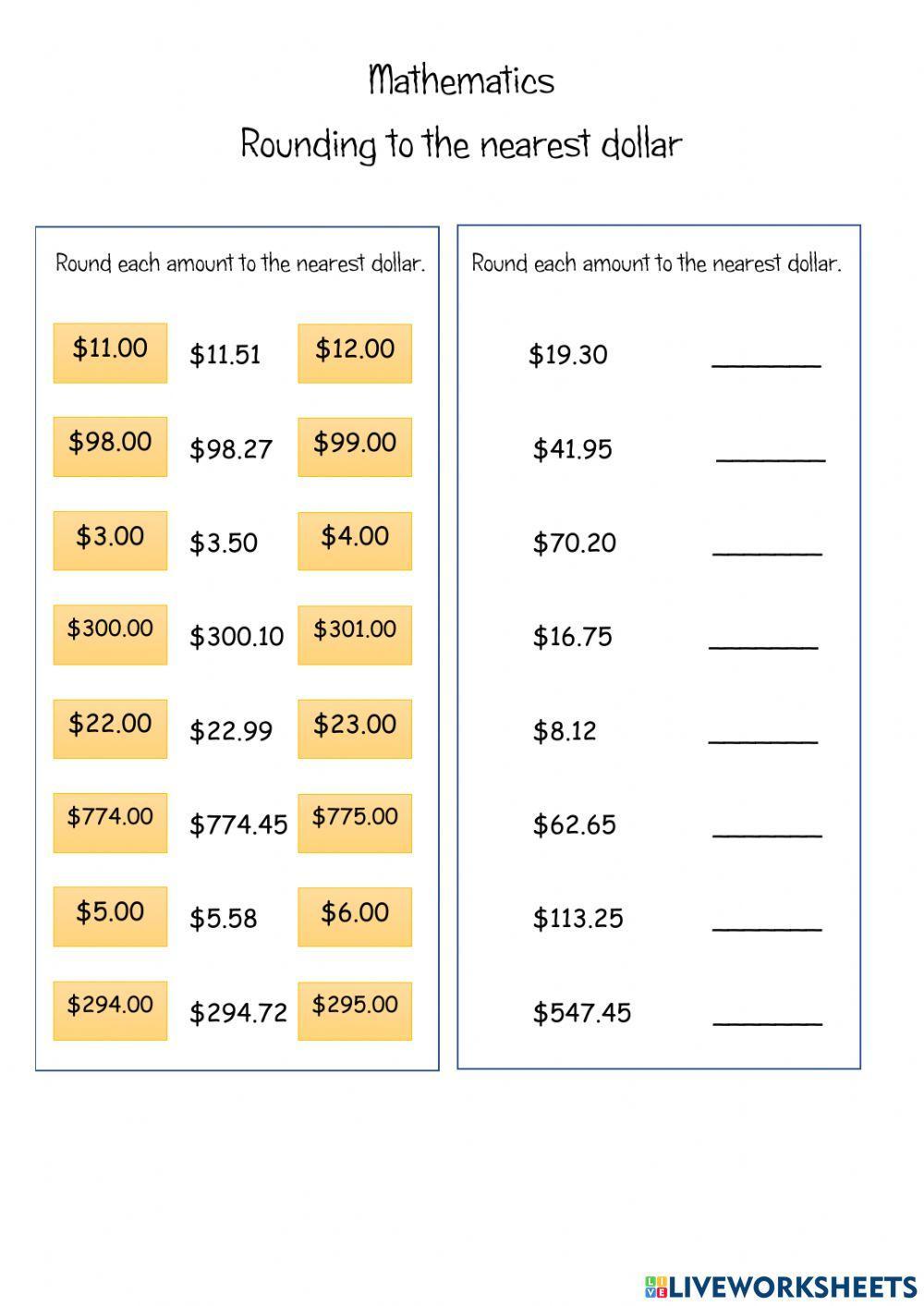 Rounding to the nearest dollar worksheet | Live Worksheets Rounding to the nearest dollar worksheet | Live Worksheets