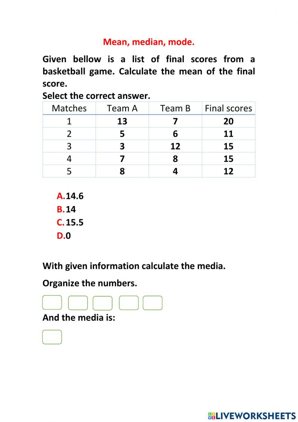 Mean,median and mode. worksheet | Live Worksheets