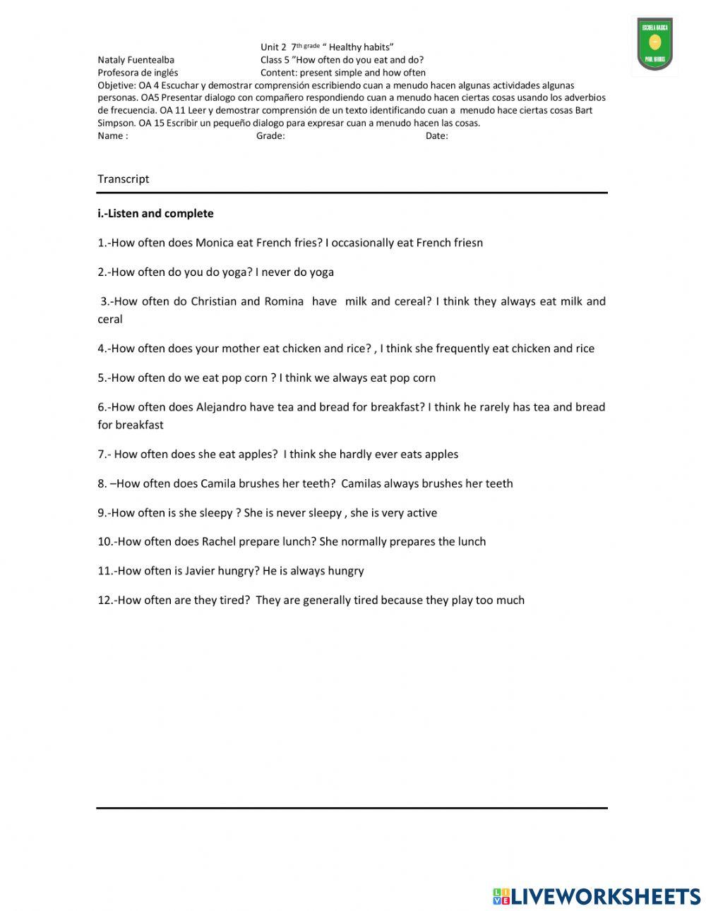 Class 5 unit 2 7th grade