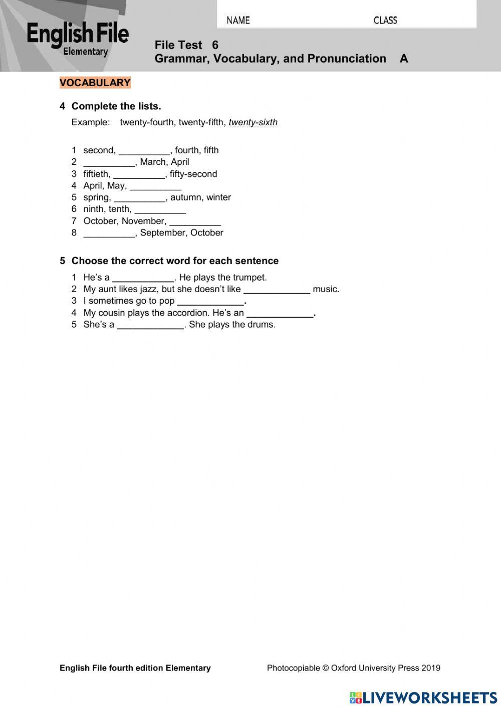 English File Elementary Unit 6 Test