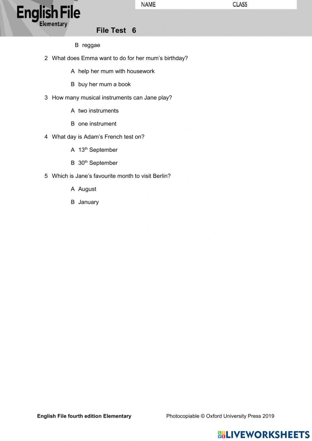English File Elementary Unit 6 Test