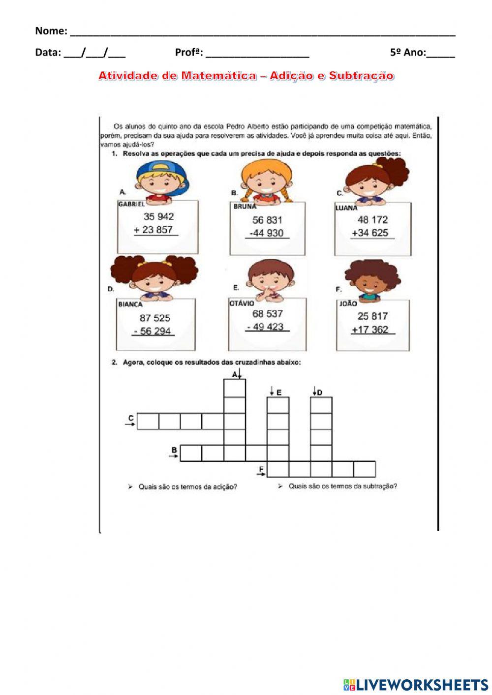 Atividade De Matematica 5 Ano Adição E Subtração - Clickandgo