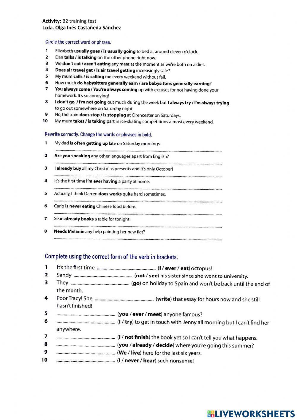 B2 Grammar test Present Forms