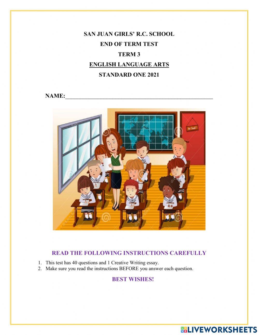 ENGLISH LANGUAGE ARTS TEST STD 1 2021 TERM THREE