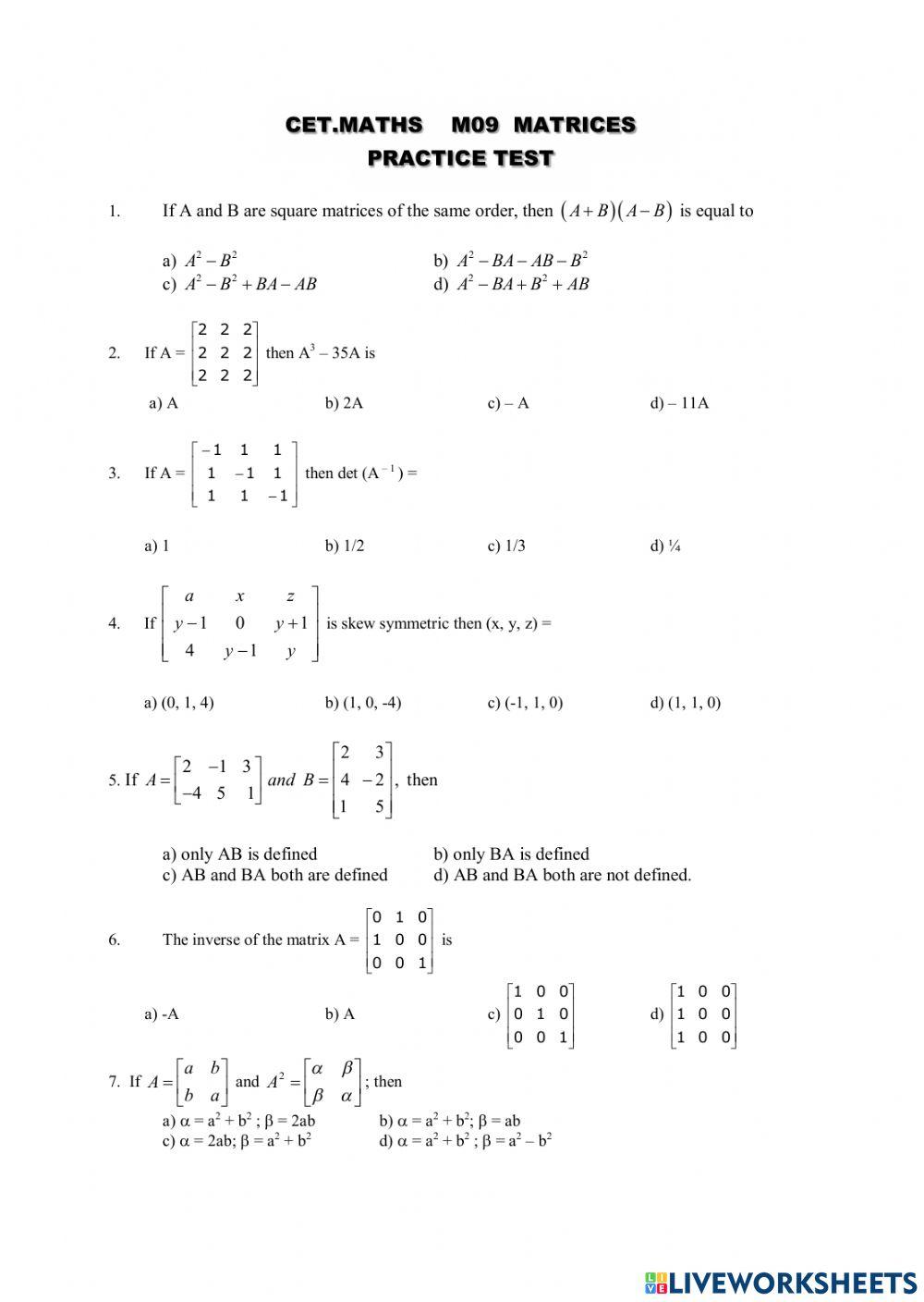 Matrix Practice Test 21 online exercise for | Live Worksheets