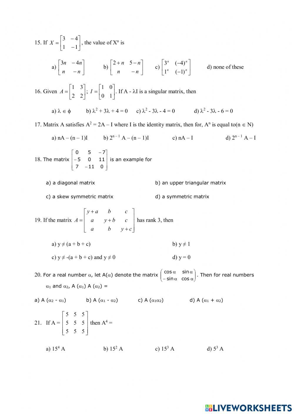 Matrix Practice Test 21 online exercise for | Live Worksheets