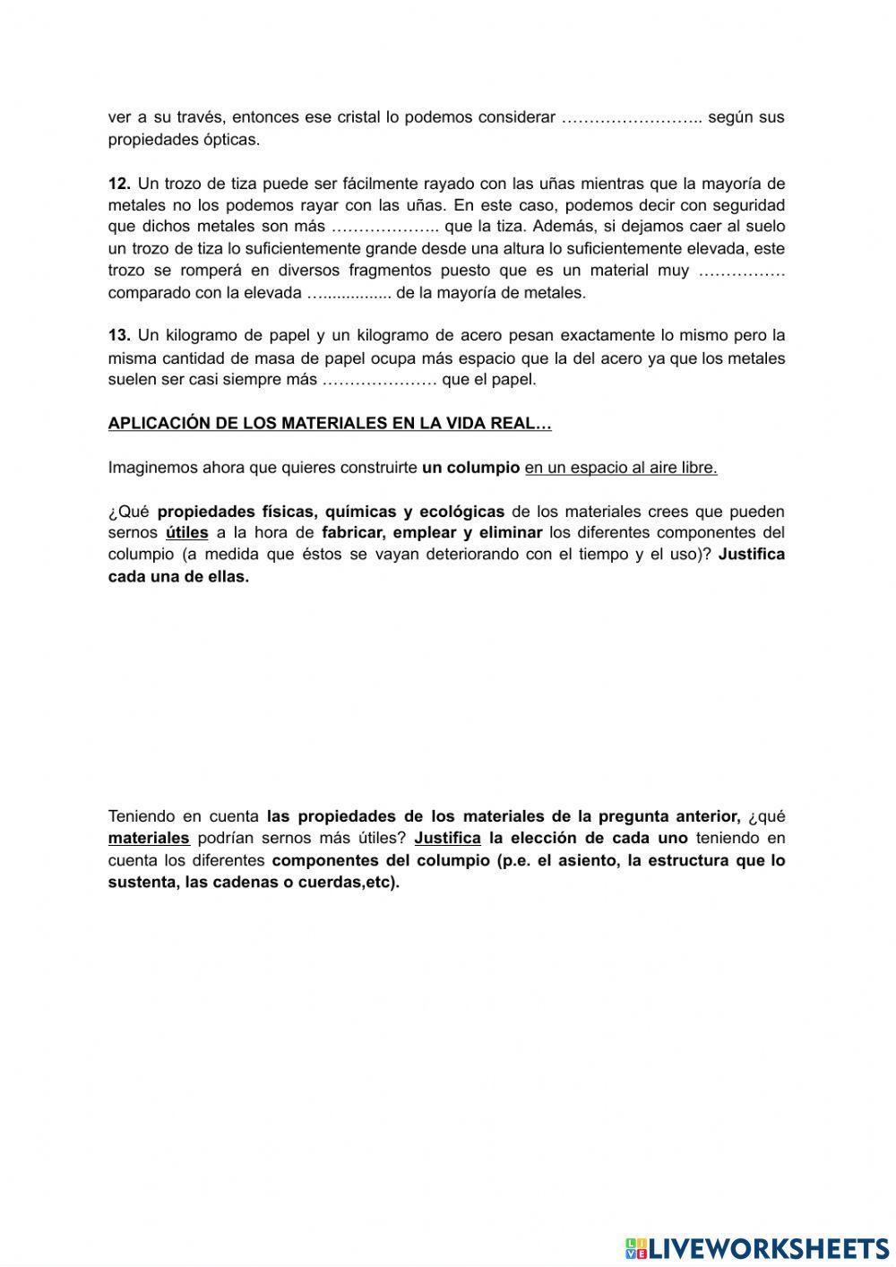 Propiedades de los materiales (1r ESO)-ficha de actividades