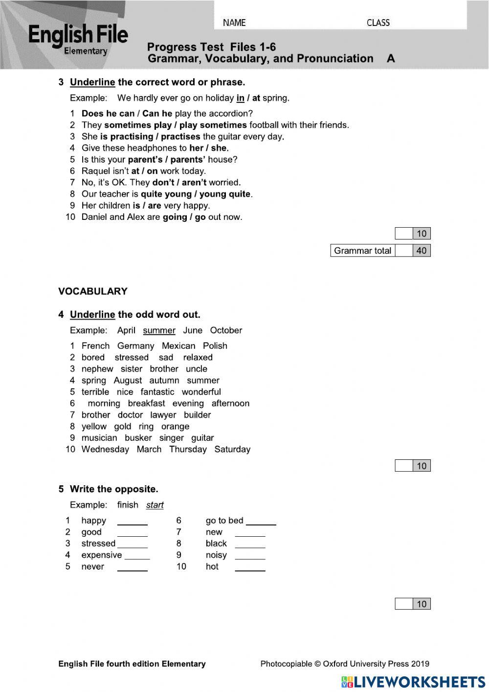 Progress Test 1-6 Elementary