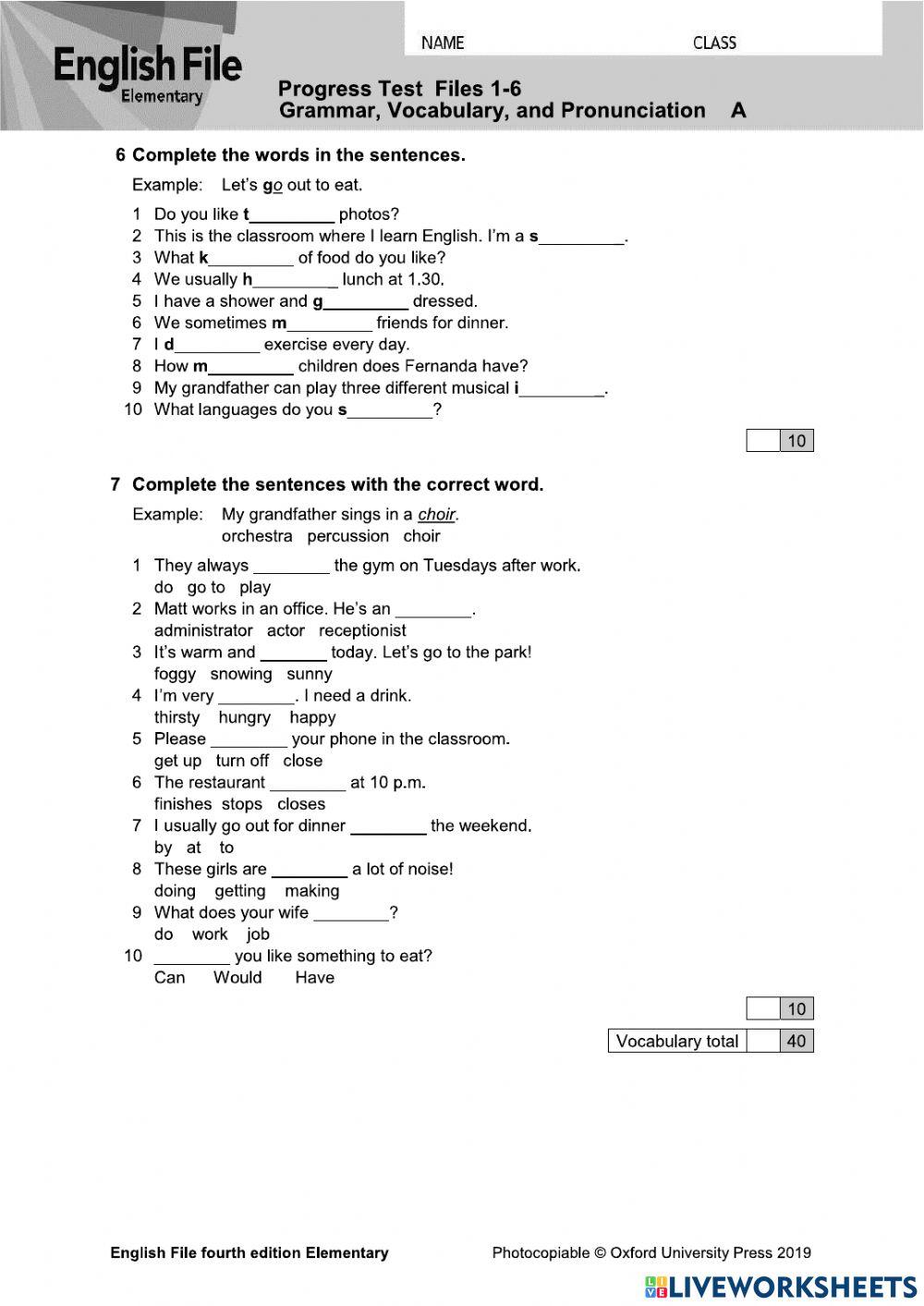 Progress Test 1-6 Elementary
