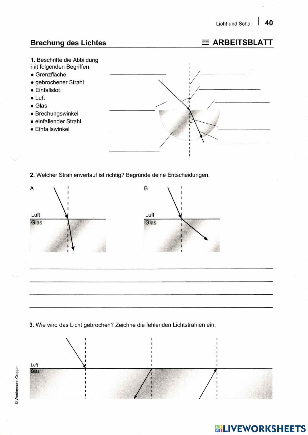 Brechung Des Lichts Arbeitsblatt Mit Lösungen Lichtbrechung online exercise for | Live Worksheets