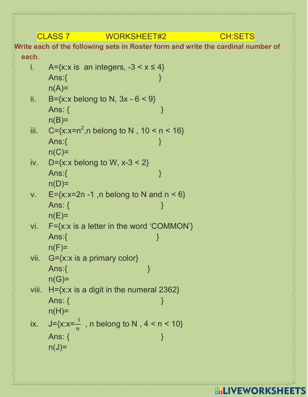 Maths worksheet - 2         ch- sets