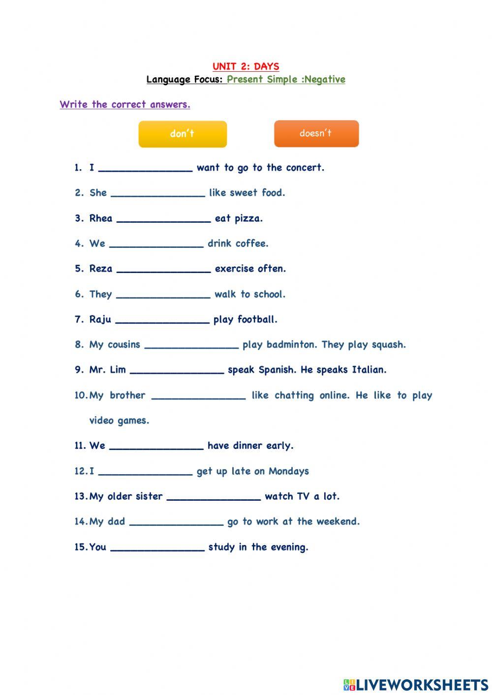 Unit 2: Language Focus: Present Simple Negative-2
