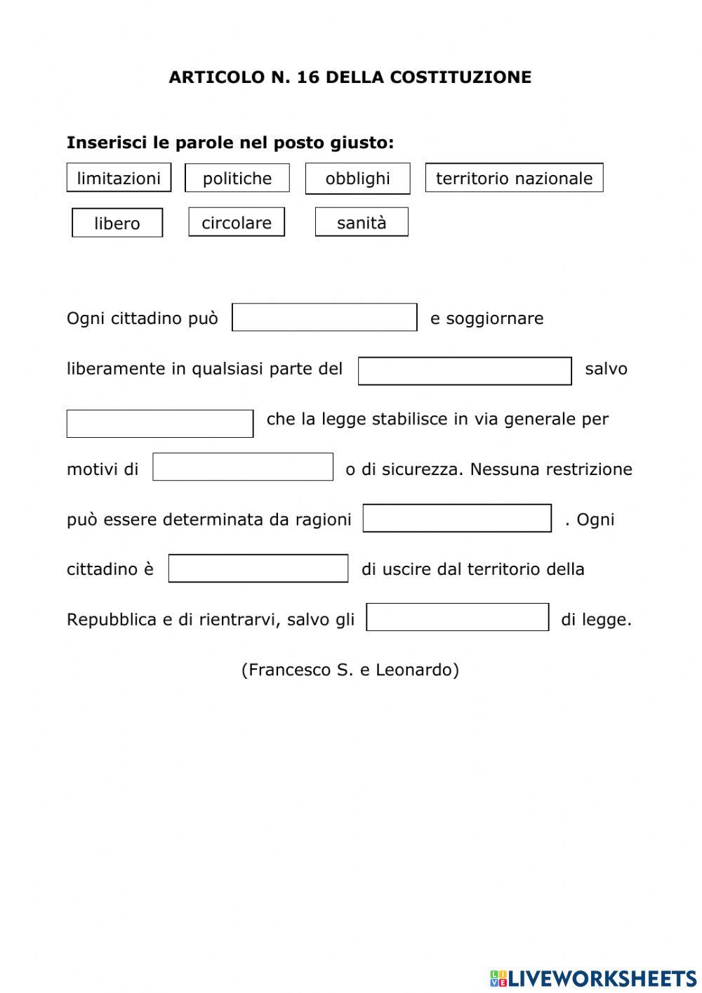 Articolo n. 16 della Costituzione Italiana