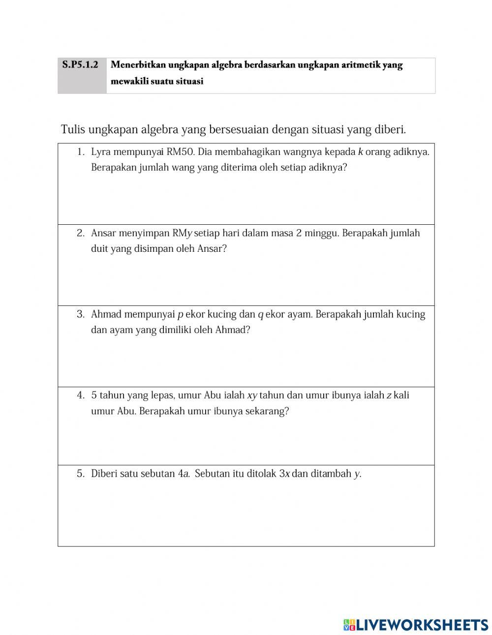 Menerbitkan ungkapan algebra berdasarkan situasi