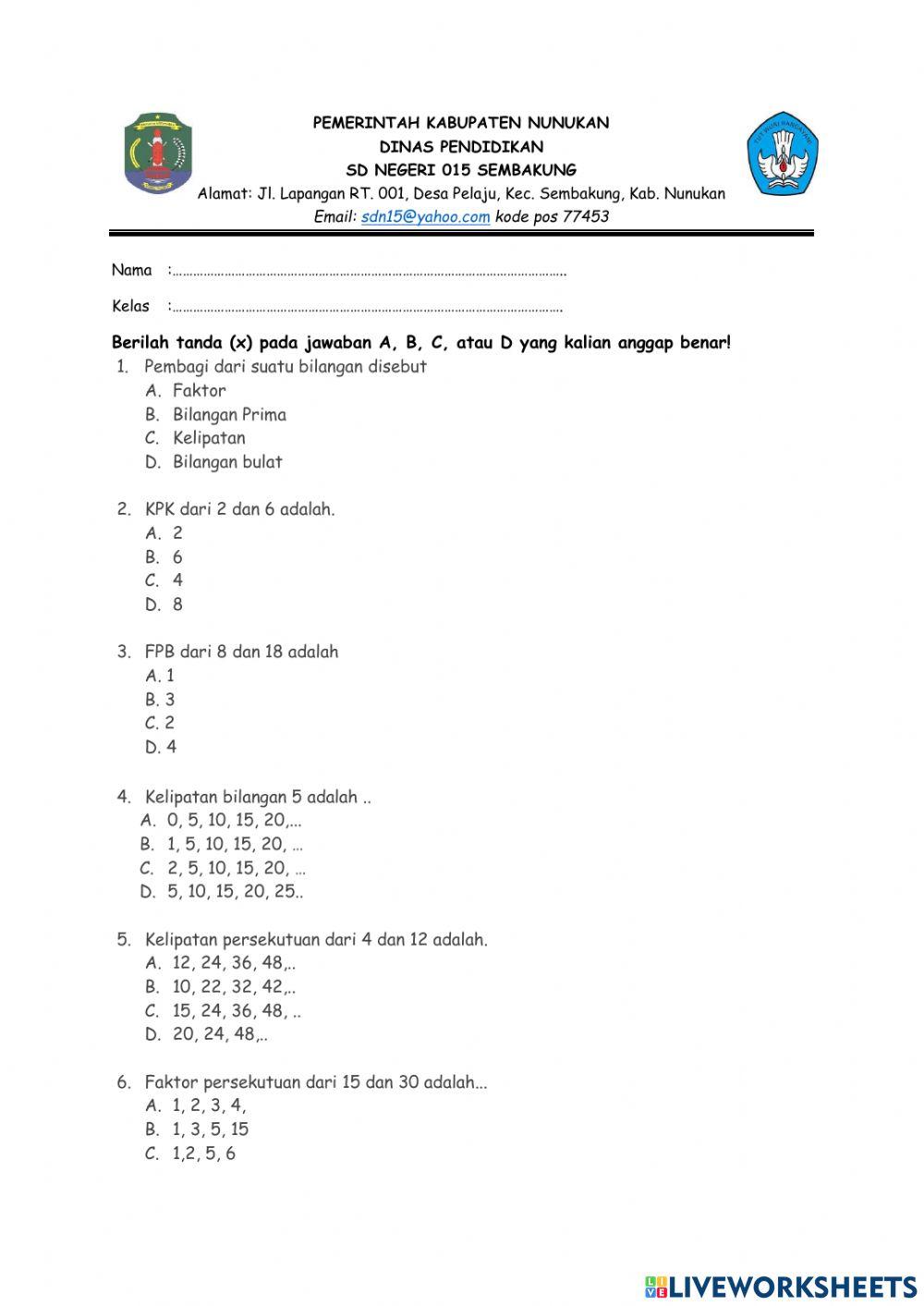 Kuis Matematika KPK dan FPB