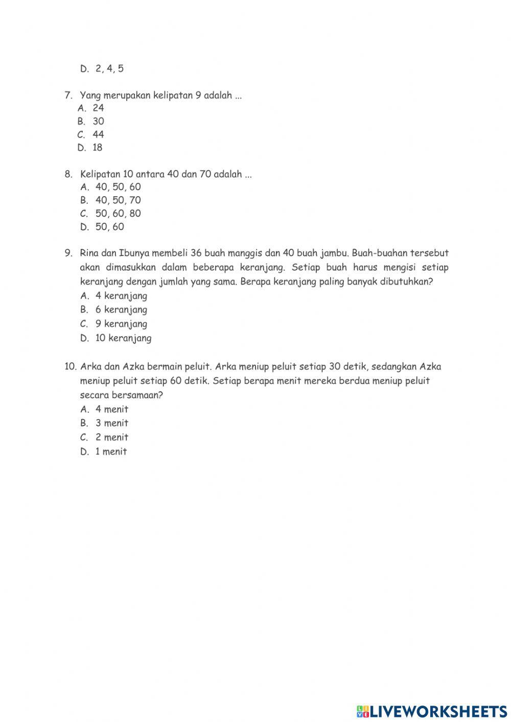 Kuis Matematika KPK dan FPB