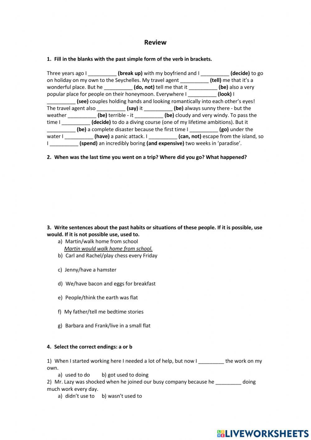 Review: past simple, used to-be used to-would, in-at-on