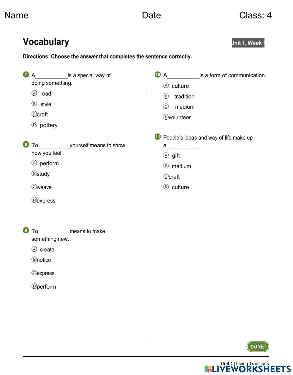 Vocabulary Worksheet