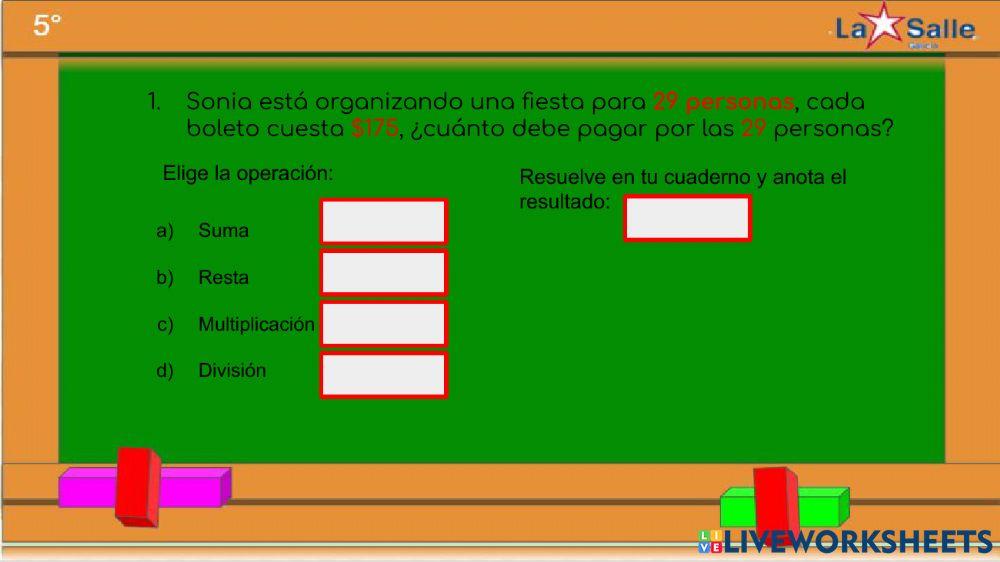 Problemas de suma, resta, multiplicación y división.