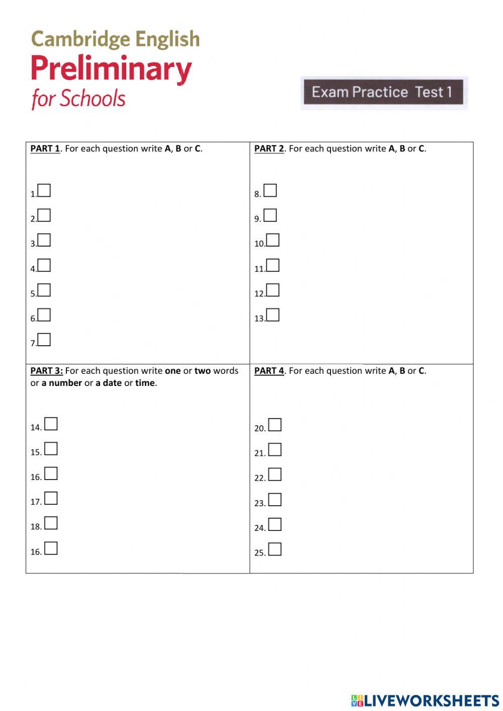 Pet for schools test 1 listening worksheet live worksheets