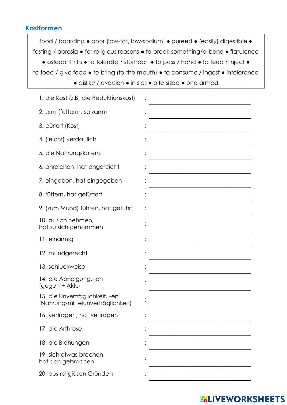 Pflege Wortschatz 10